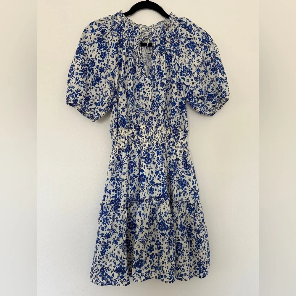 Rails Fiorella Dress Blue Marguerite Peplum Sleeves Shirred Waist Cottagecore
